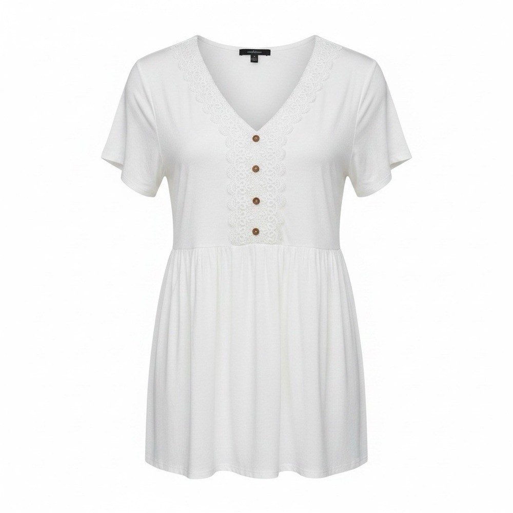 Ambiance Blouse Womens 2X White V-Neck Guipure Lace Short Sleeve Top 72786XL NWT